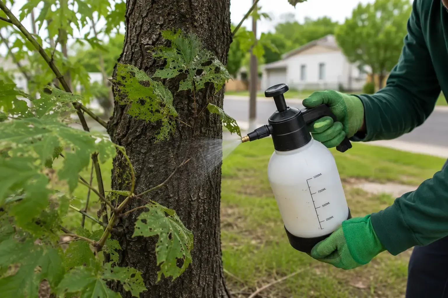 Tree Service El Monte, CA technician applying a professional insect treatment to a mature tree with visible leaf damage caused by pests.