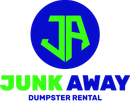 A blue and green logo for junk away dumpster rental
