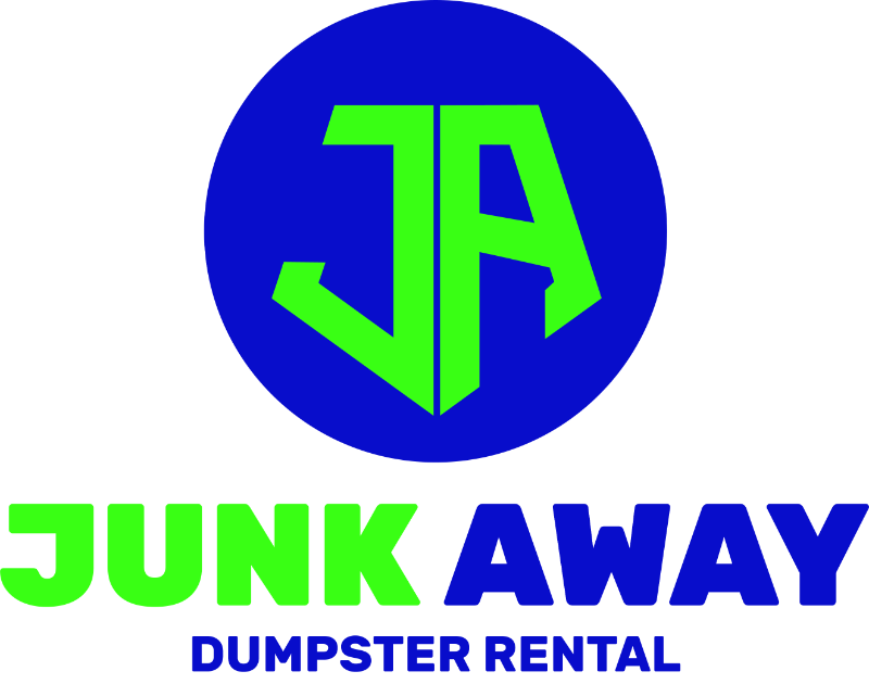 A blue and green logo for junk away dumpster rental