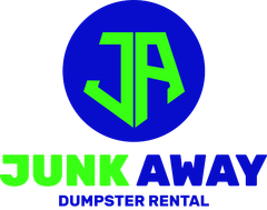 A blue and green logo for junk away dumpster rental