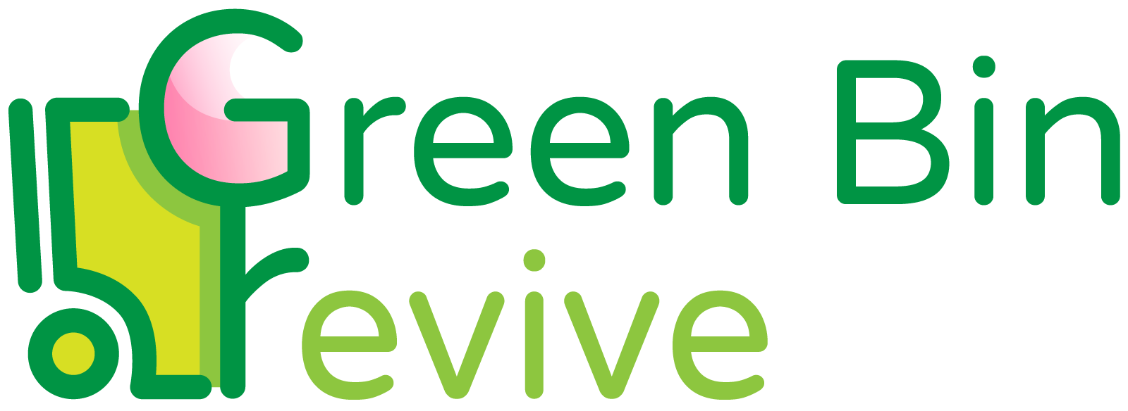 The logo for green bin revive is green and pink.