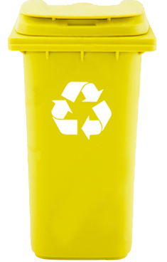 A yellow recycling bin with a white recycling symbol on it