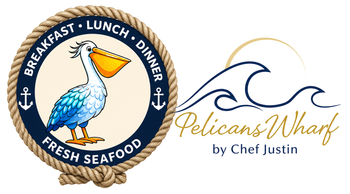 Pelican's Wharf seafood logo with pelican, blue waves, and &ldquo;Breakfast &bull; Lunch &bull; Dinner&rdquo; text
