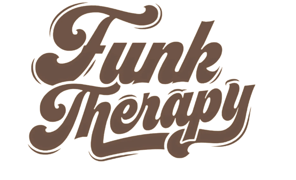 A brown logo for funk therapy on a white background