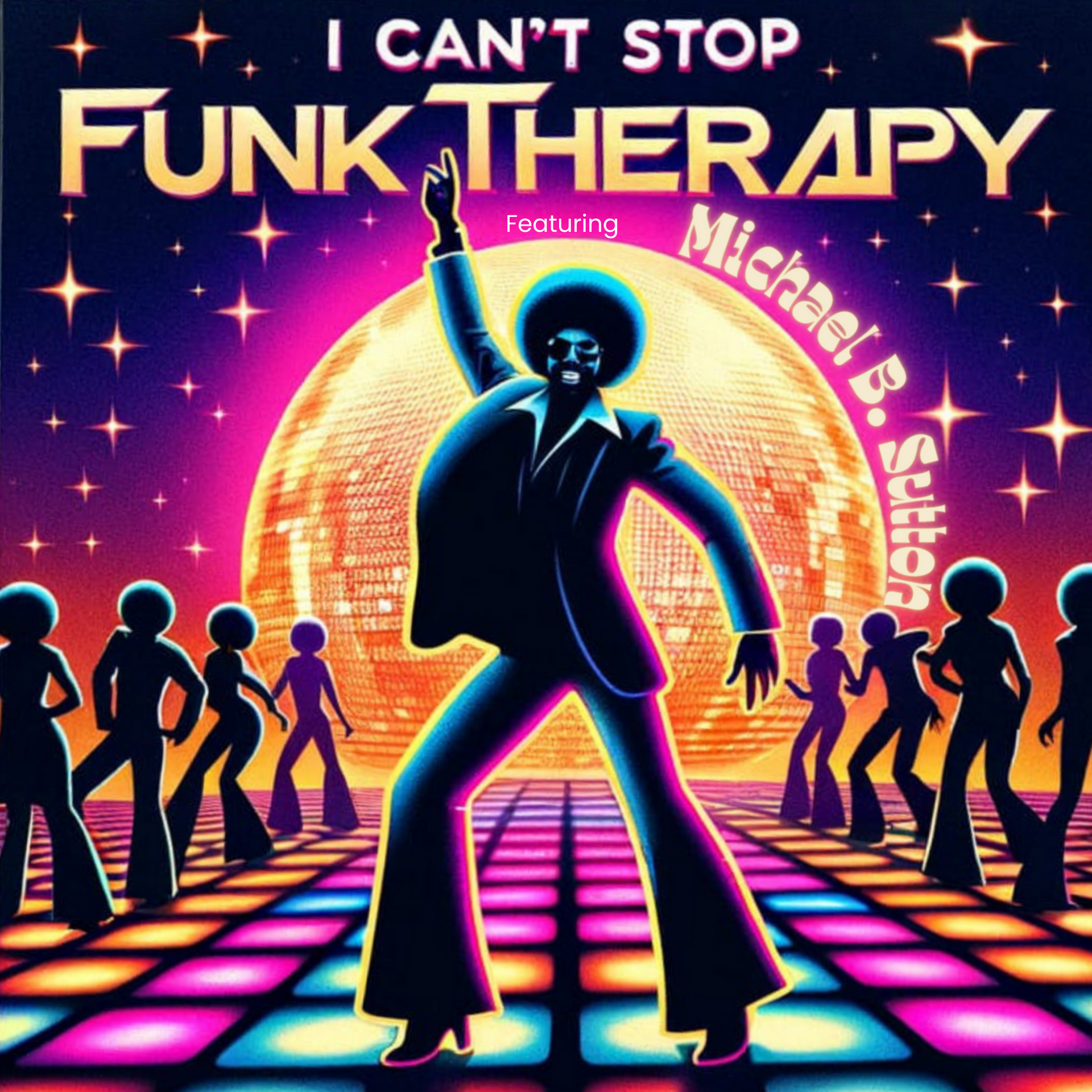 Funk therapy album cover with a man dancing on a disco floor