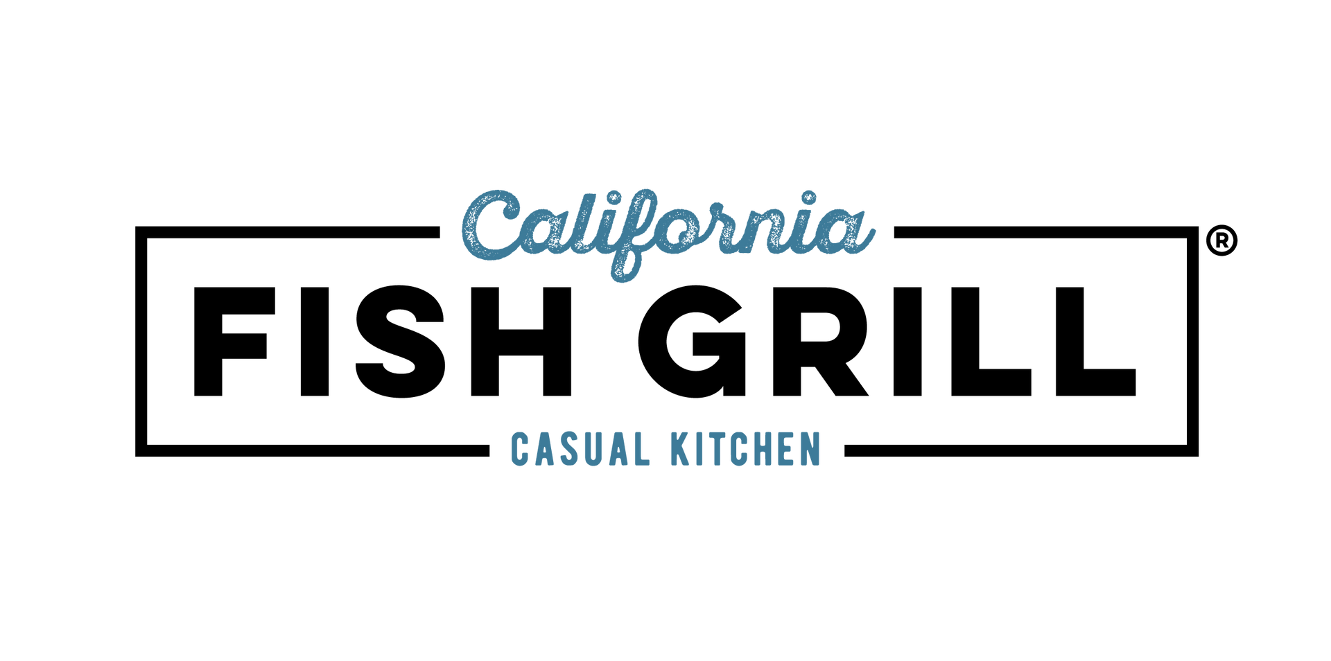 California Fish Grill logo with black and white text in a black rectangle. 