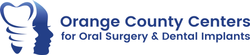 Logo for Orange County Centers for Oral Surgery & Dental Implants. Features a blue tooth, face and text.