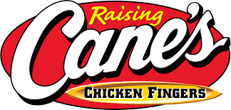 Raising Cane's logo with white "Cane's" over a red oval, "Raising" in yellow, "Chicken Fingers" below.