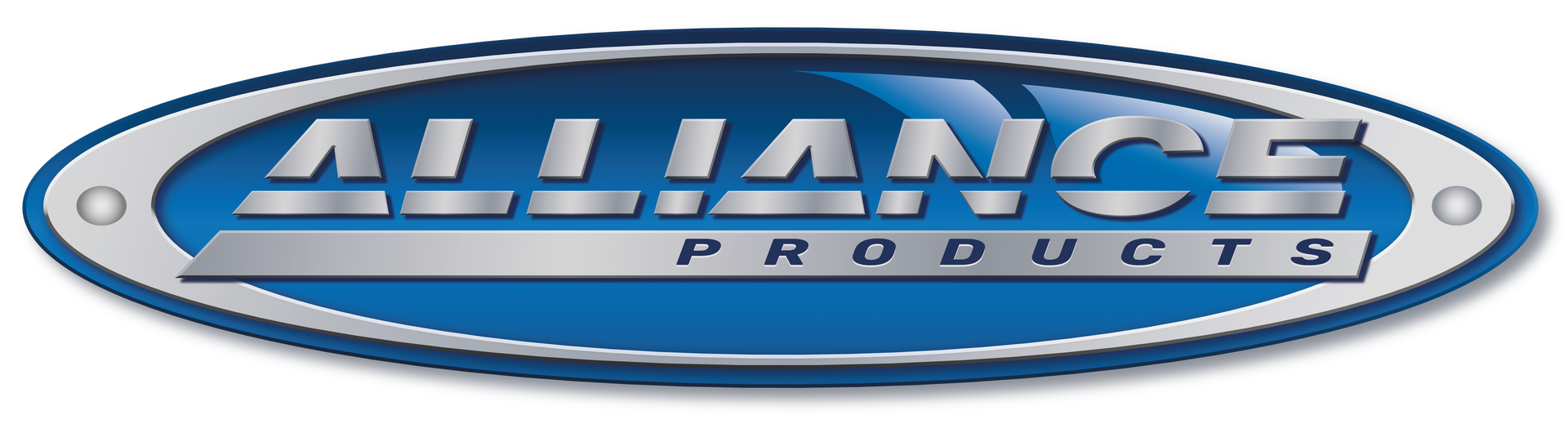 Logo for Alliance Products: Silver text on a blue oval with a blue outline. The text says 