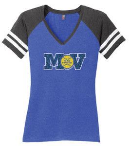 Blue V-neck baseball shirt with gray sleeves and white stripes, "MOV" logo with a softball.
