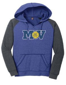 Blue hoodie with grey sleeves and hood, "MOV" logo with softball.