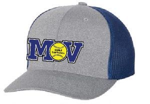 Gray and navy baseball cap with "MOV Girls Softball" logo.