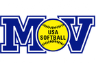 Logo for USA Softball: Blue "MOV" with a yellow softball in the center, bearing "USA SOFTBALL".