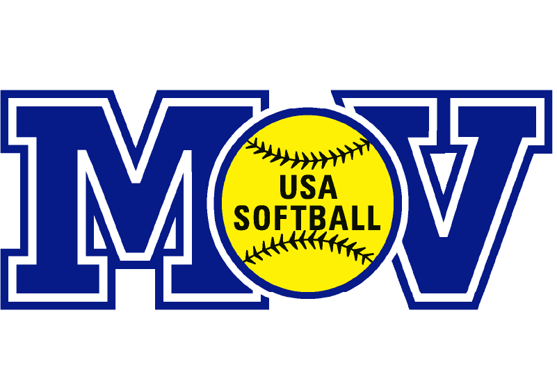 Logo for USA Softball: Blue "MOV" with a yellow softball in the center, bearing "USA SOFTBALL".