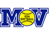 Logo for USA Softball: Blue "MOV" with a yellow softball in the center, bearing "USA SOFTBALL".