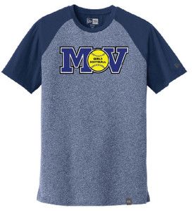 Blue raglan softball t-shirt with "MOV Girls Softball" logo in blue and yellow.