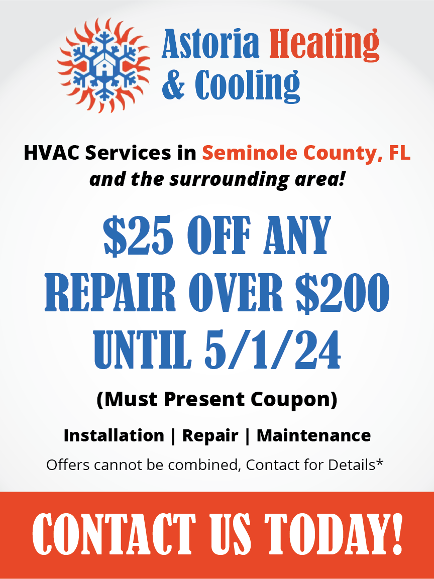 Astoria Heating & Cooling's promotional flyer announcing 24 months of 0% financing on their HVAC services, including installation, repair, and maintenance in Seminole County, FL, and nearby areas. It encourages potential customers to get in touch with the company.