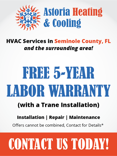 A poster for astoria heating and cooling offering a free 5 year labor warranty.