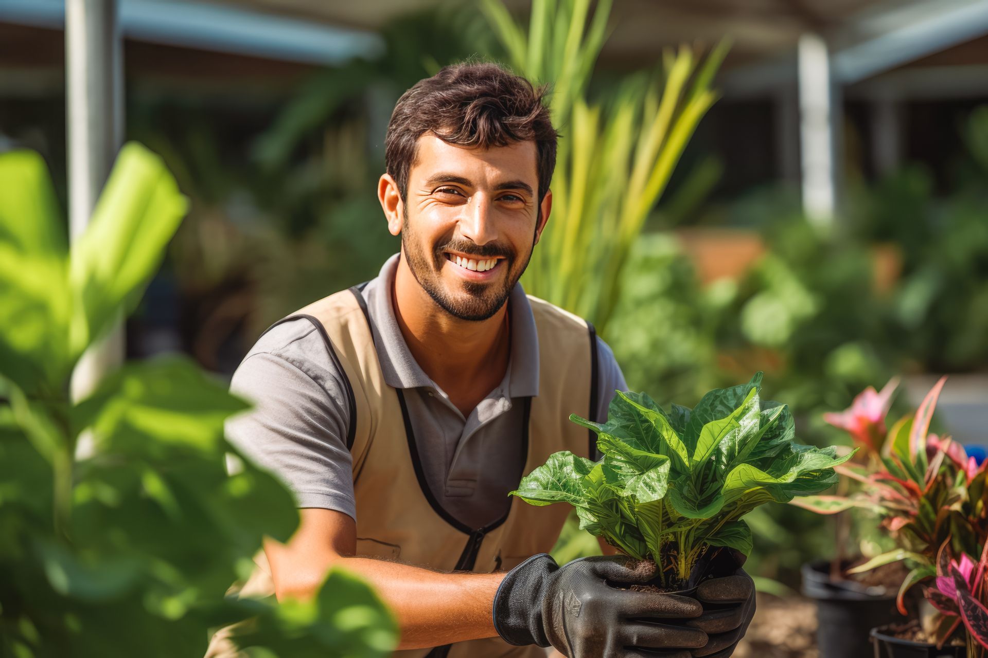 A man is holding a potted plant in his hands and smiling.