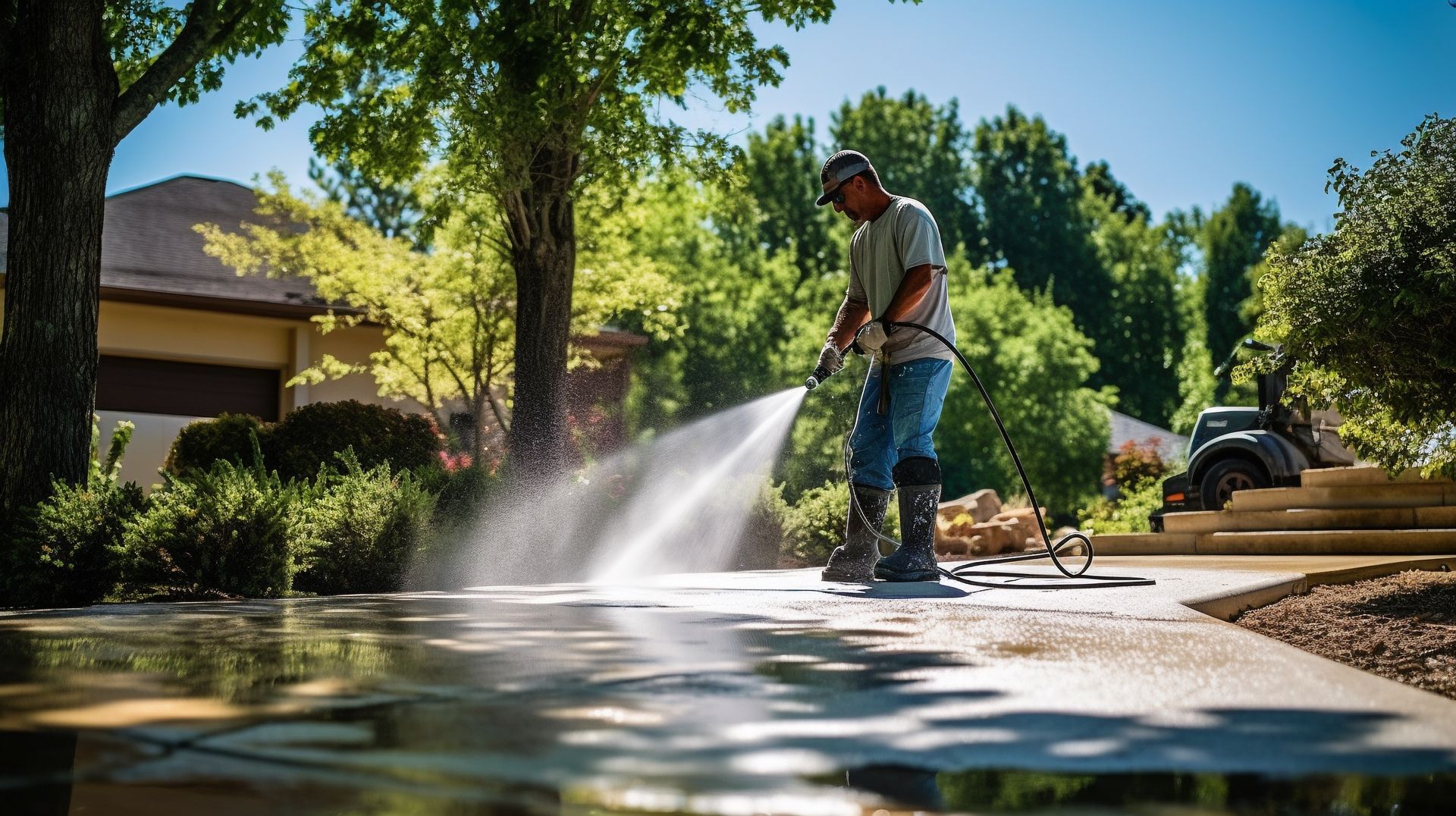 A man is using a high pressure washer to clean a concrete driveway.