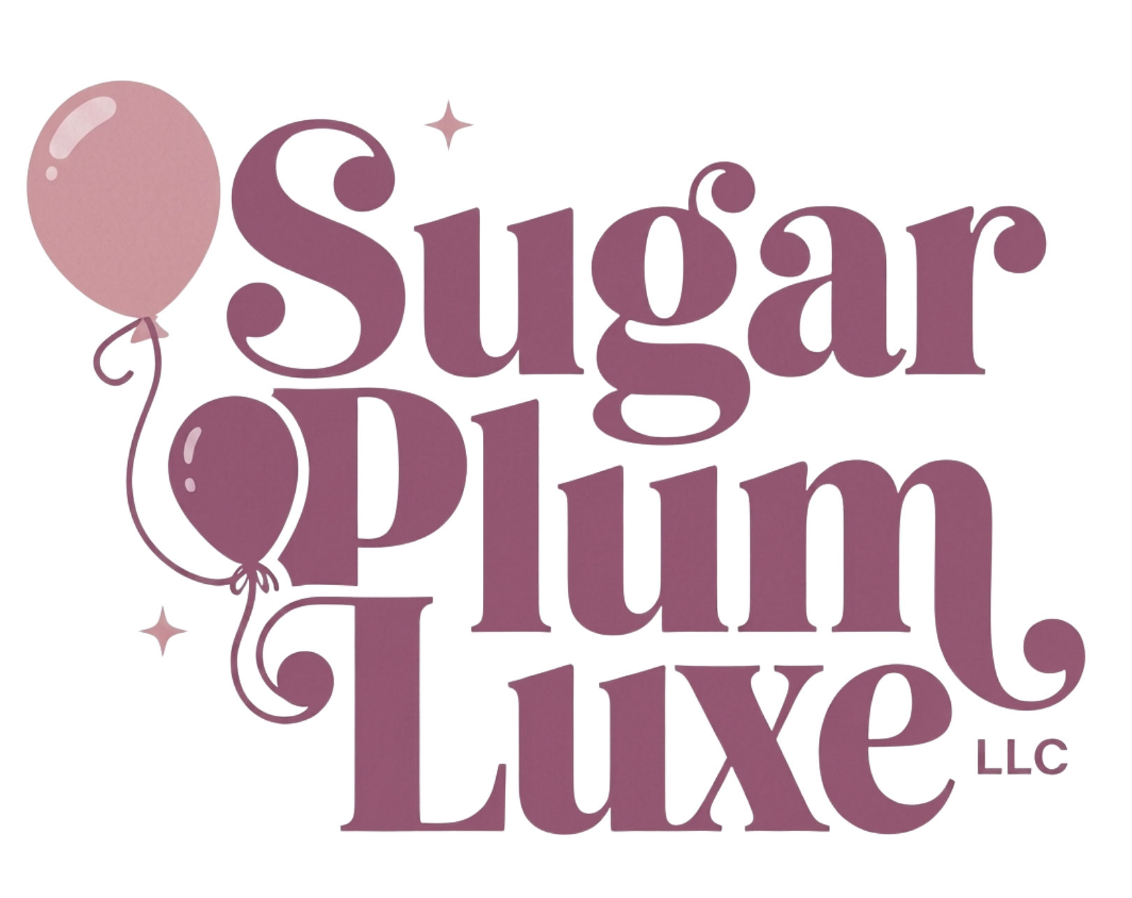 Sugar Plum Luxe LLC logo in dusty rose with balloons and sparkles on a white background