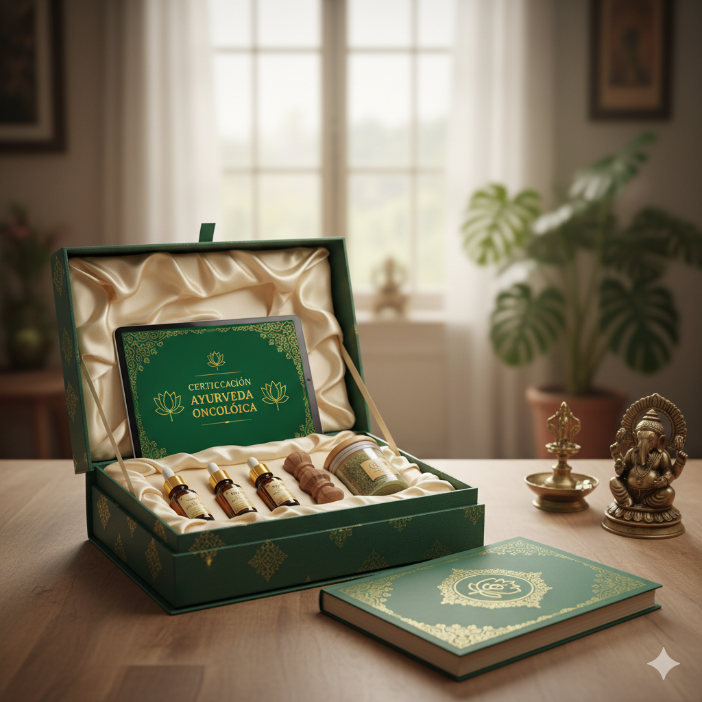 Caja de regalo verde con diseños dorados ornamentados, llena de botellas y un libro, sobre una mesa de madera.