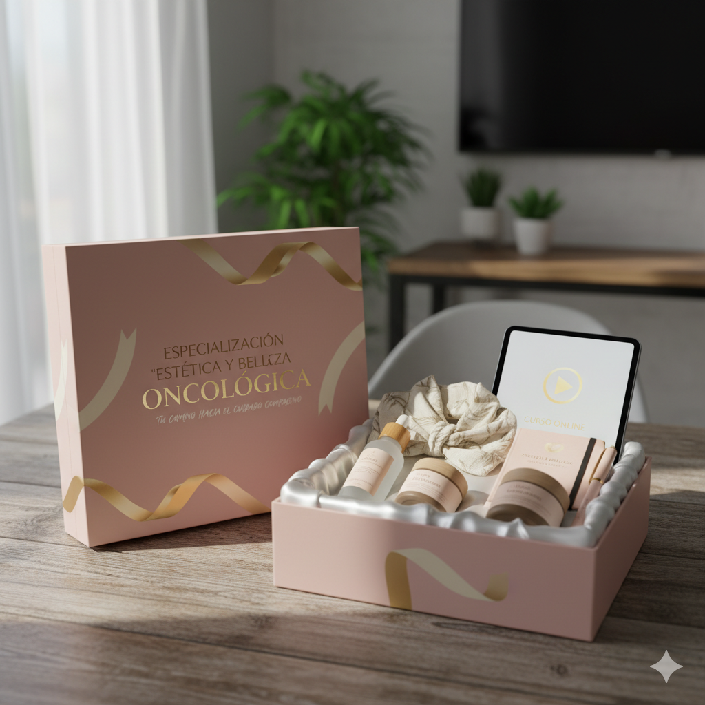 Caja de regalo rosa con artículos de cuidado personal, incluidas cremas y una tableta, sobre una mesa.