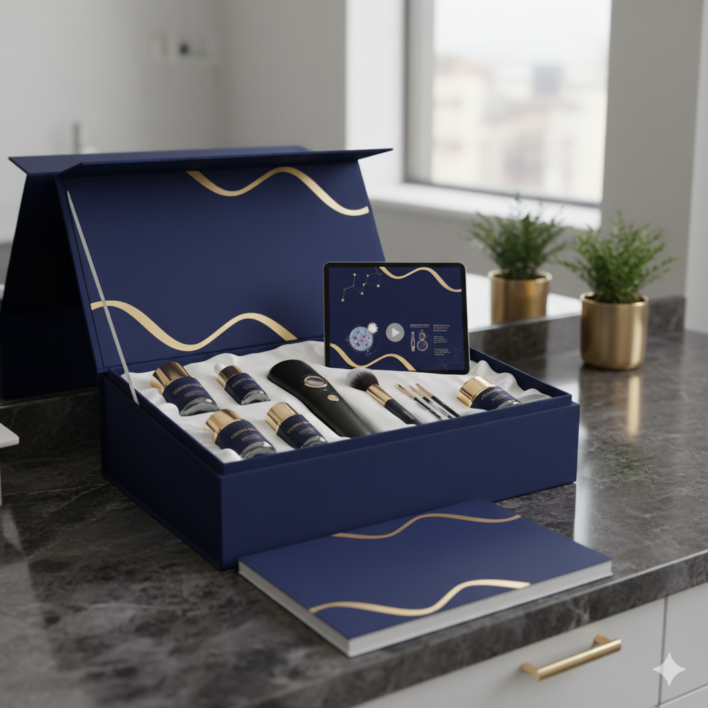 Set de regalo de maquillaje azul marino con detalles dorados, colocado sobre una encimera de cocina cerca de una ventana.