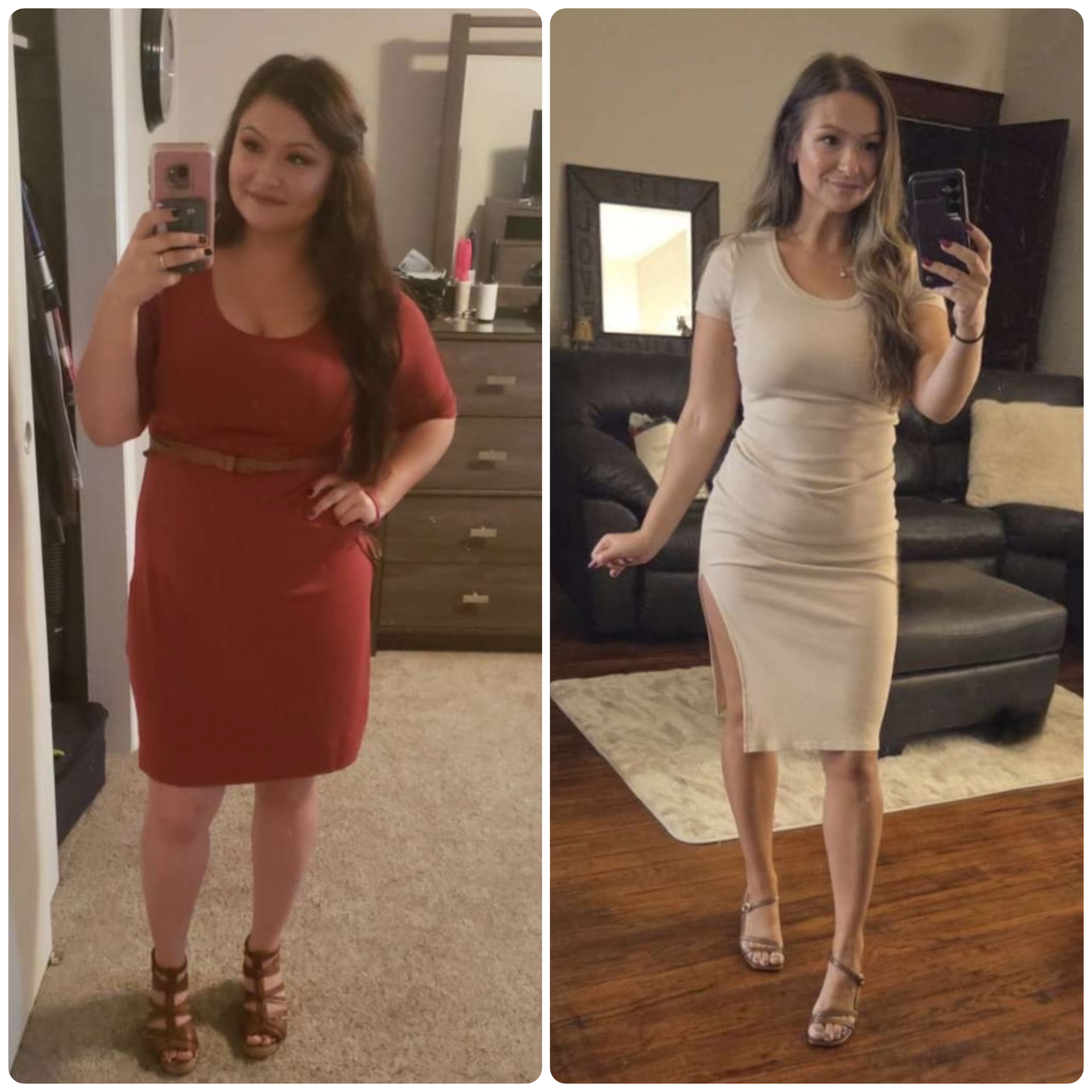 Woman in red dress, then beige dress, showing weight loss progress. Before, in bedroom; After, in living room.