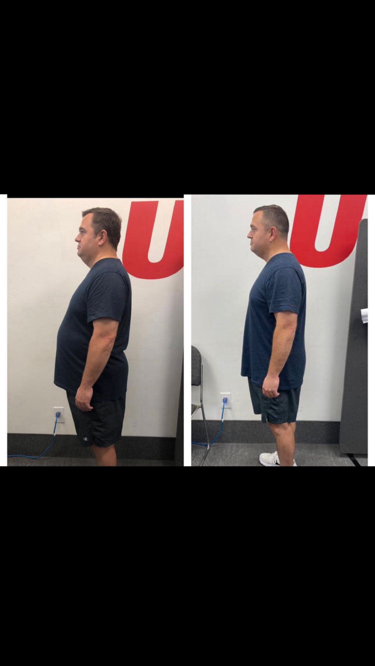 Side-by-side comparison shows a man with a reduced waistline after a fitness program.