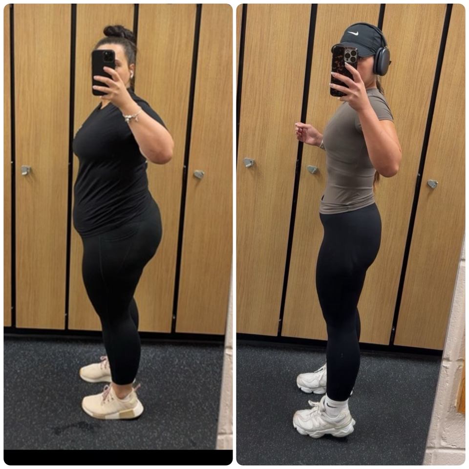 Side-by-side photos of a person. Before and after weight loss, wearing athletic wear in a gym.