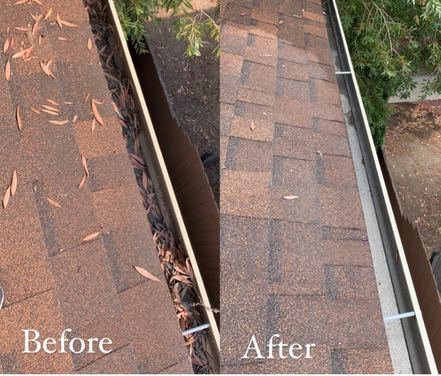 Before-and-after roof gutter cleaning: left clogged with leaves, right cleared and tidy.