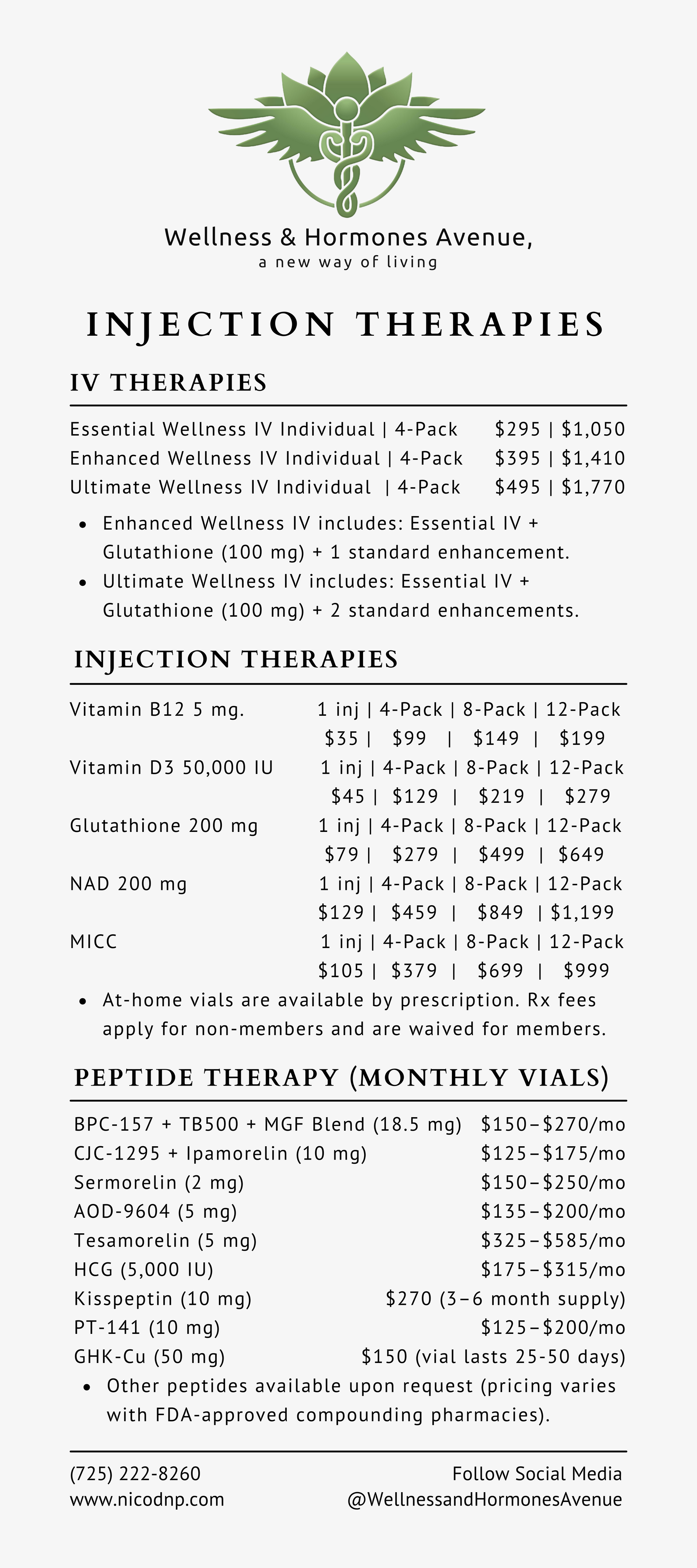Flyer for injection therapies, includes lists of services and prices.
