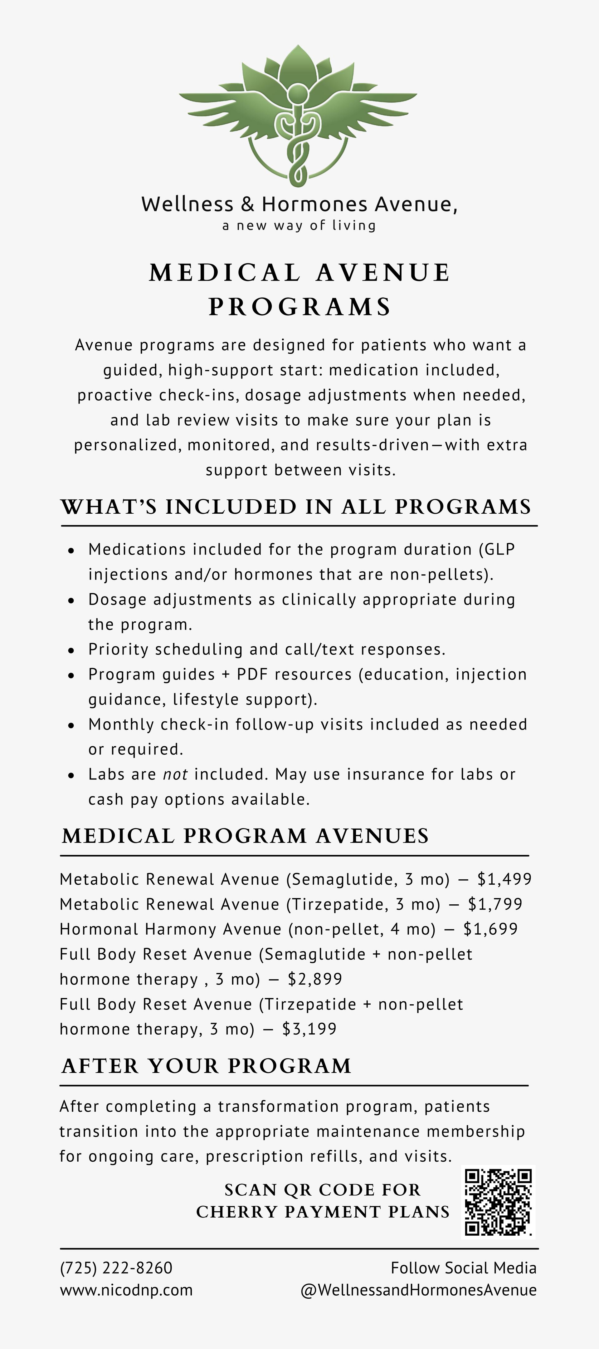 Flyer for a health program with a logo, text, and bullet points detailing the program's features.