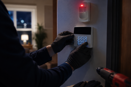 Gloved hands enter a lit keypad door lock outside a house at night, with a red sensor light above.