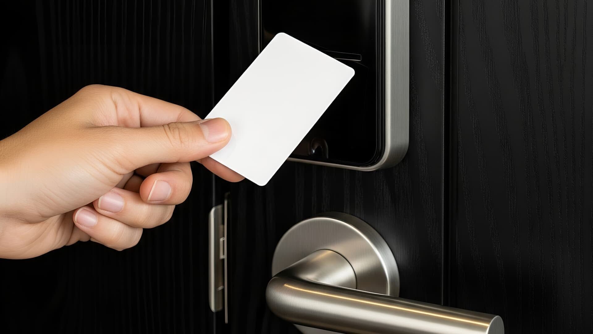 Hand inserting a key card into a modern hotel room door lock.