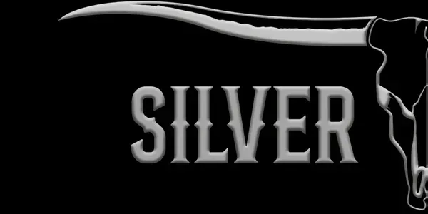 Silver logo with a longhorn silhouette and a horizontal silver blade on a black background
