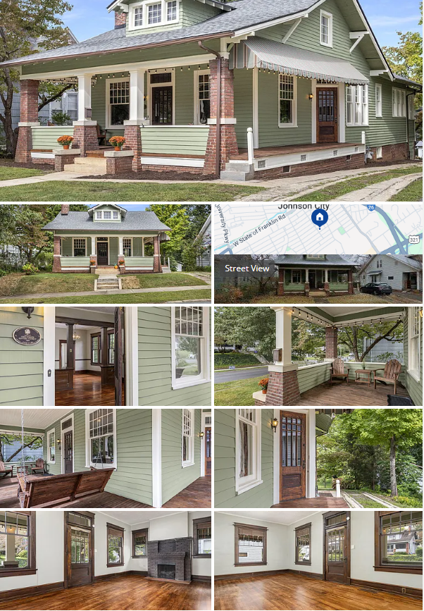 A collage of pictures of a green house with a porch.