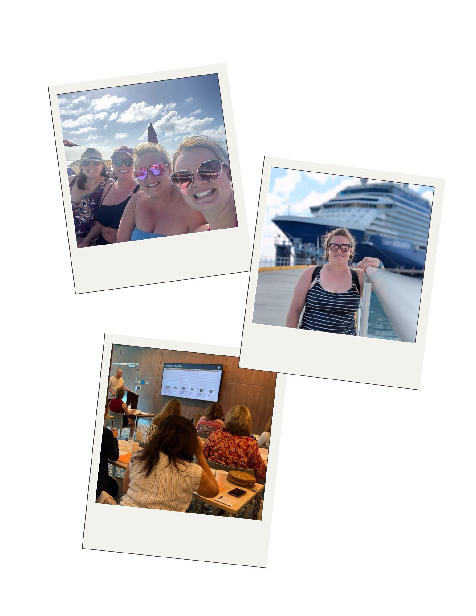 three pictures of a cruise ship , a group of people on a boat , and a sign that says puerto rico .