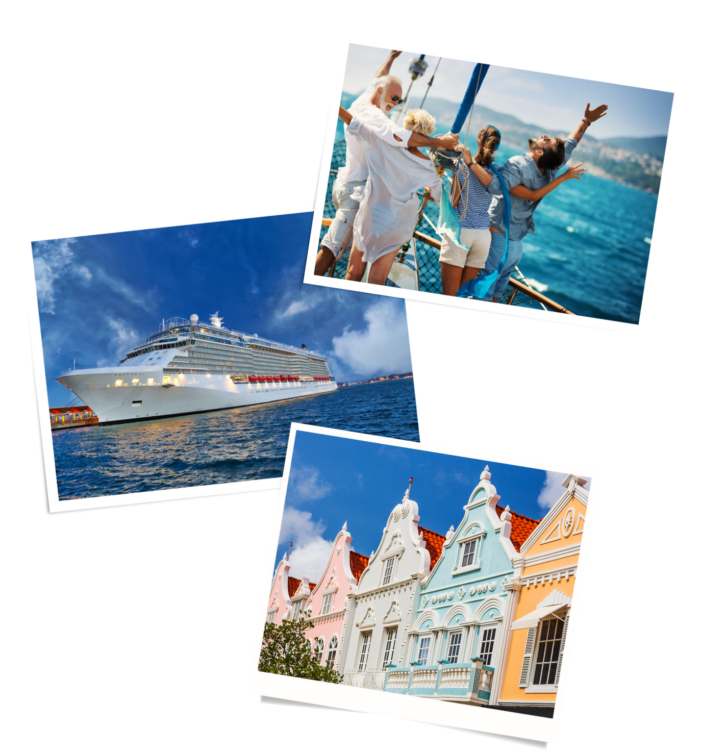three pictures of a cruise ship , a group of people on a boat , and a sign that says puerto rico .