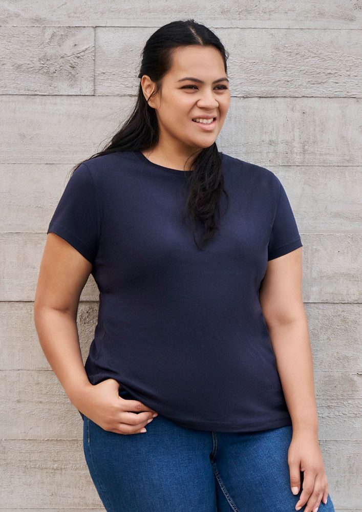 Woman Wearing Plain Navy Blue Shirt — Screen Printer in Dubbo, NSW