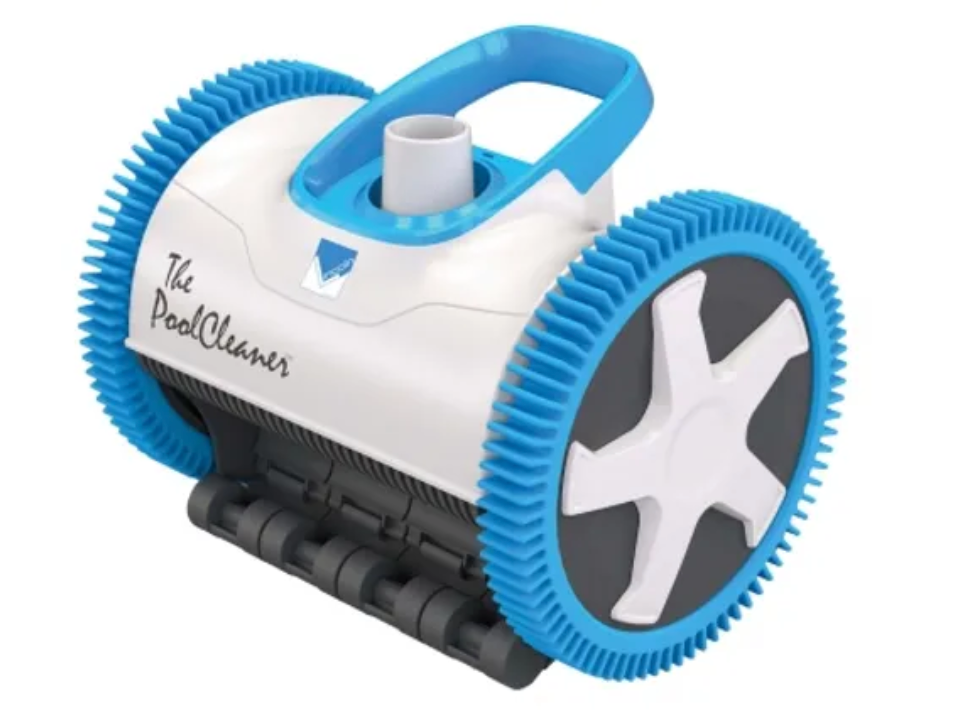 A white and blue pool cleaner 