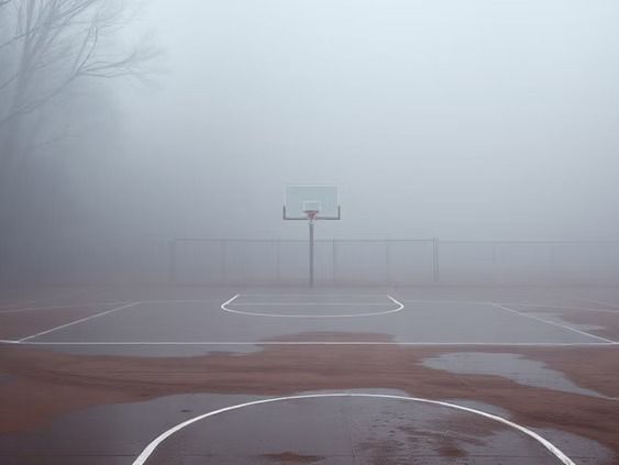 Basketball court shrouded in thick fog. Court is wet with puddles, hoop visible.