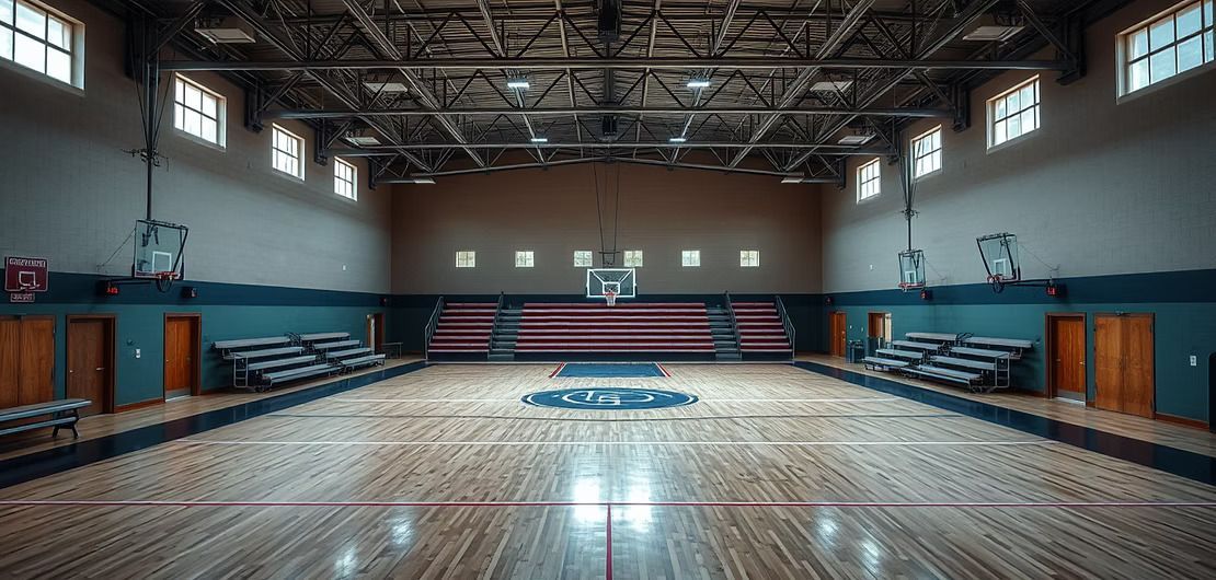 Empty basketball court in a gymnasium, with bleachers on both sides, and high windows.