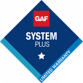 A blue sign that says gaf system plus limited warranty
