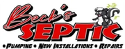 Beck's Septic logo featuring red text, a cartoon skunk, and services: pumping, installations, and repairs.