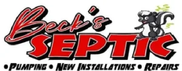 Beck's Septic logo featuring red text, a cartoon skunk, and services: pumping, installations, and repairs.