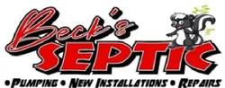 Beck's Septic logo featuring red text, a cartoon skunk, and services: pumping, installations, and repairs.