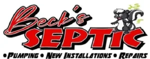 Beck's Septic logo featuring red text, a cartoon skunk, and services: pumping, installations, and repairs.