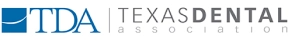 Logo for the Texas Dental Association, featuring a blue square with a white swoosh next to the text "TDA TEXAS DENTAL".